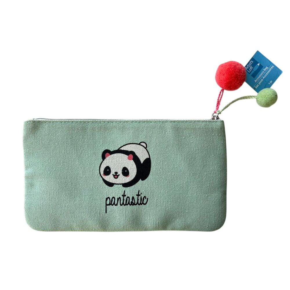 Artist's Loft Pantastic Panda Mint Zipper Pouch Canvas Pom Pom Pull NWT